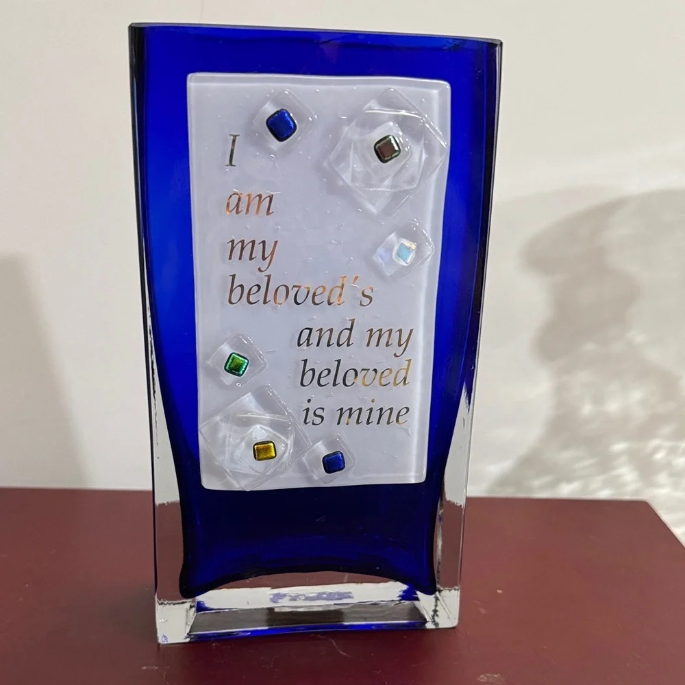 Beames Designs Cobalt Blue Art Glass Vase w/Fused White Panel “I Am My Beloved's